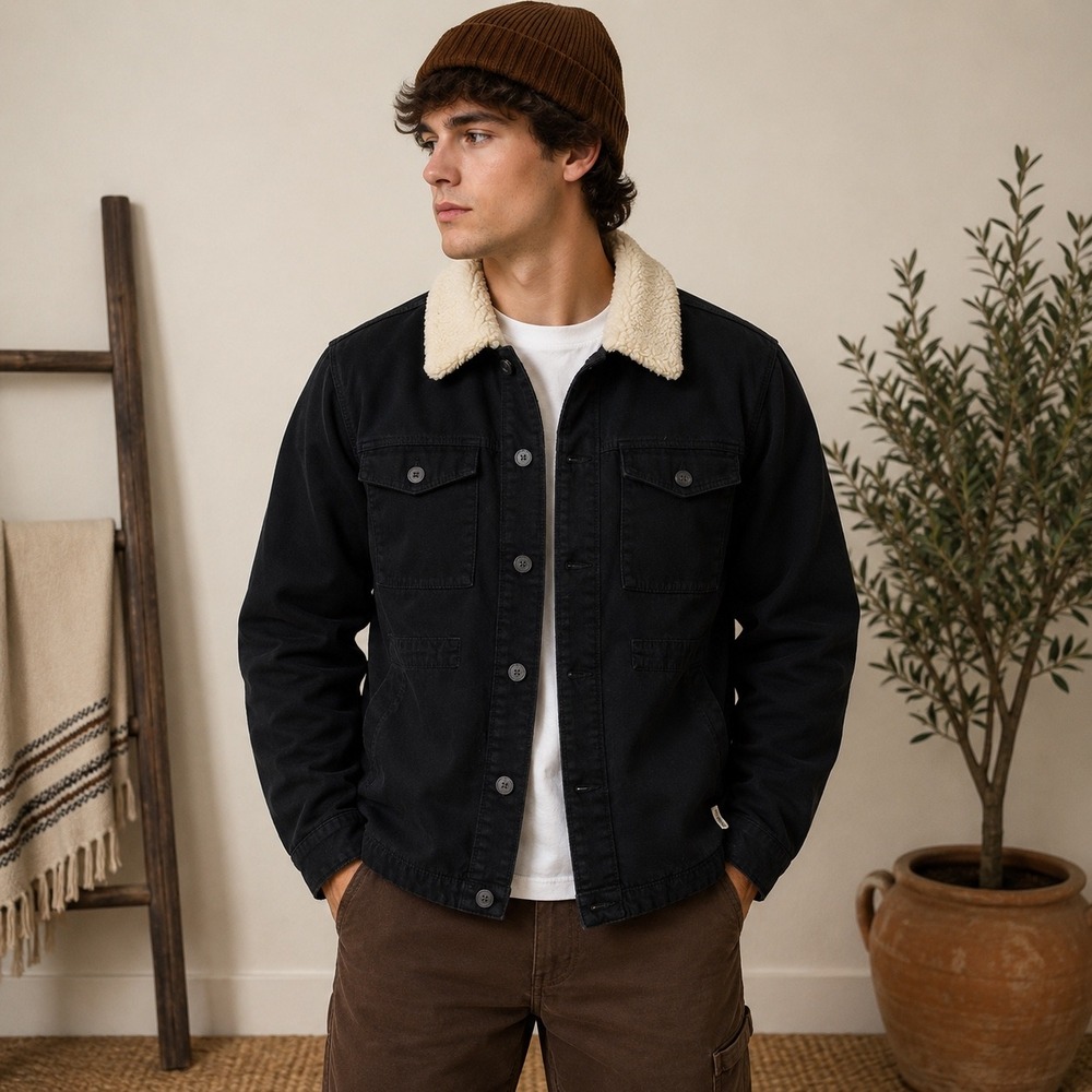 Hang Ten Jacket Mens Medium Black Cotton Sherpa Lined Button Front Field Utility